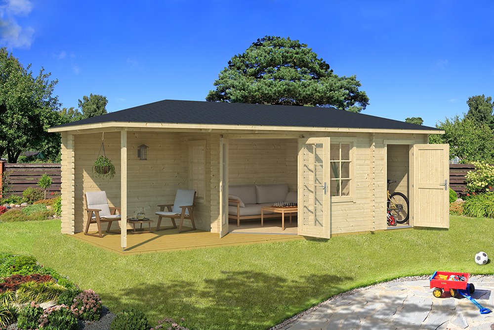 Aruba 3 log cabin with covered veranda, side room, and double doors in a landscaped garden