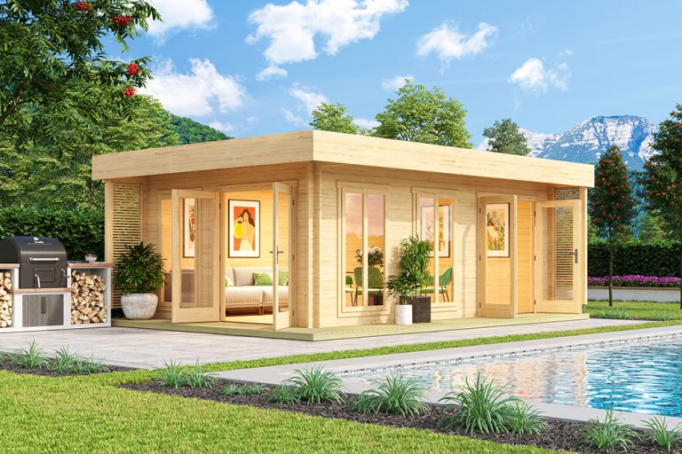 Dominica garden room with double glazed windows and overhang