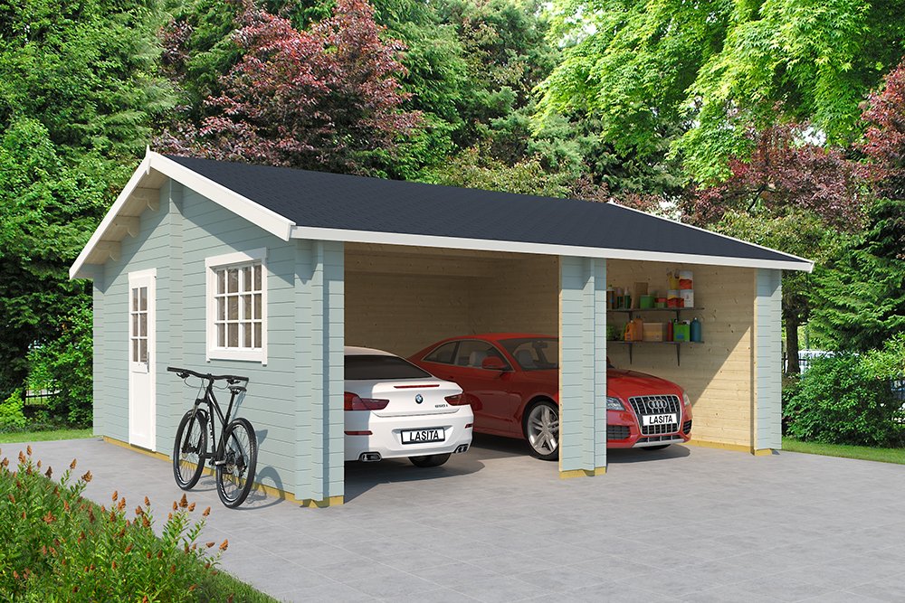 A double wooden garage with storage a the rear