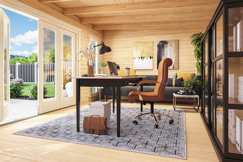 a summerhouse with bifold doors with a garden interior