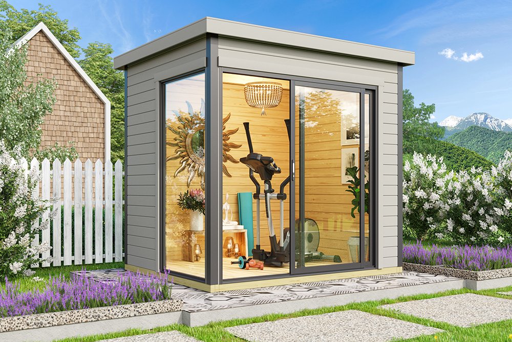 small modern wooden summerhouse with sliding door and window to the side