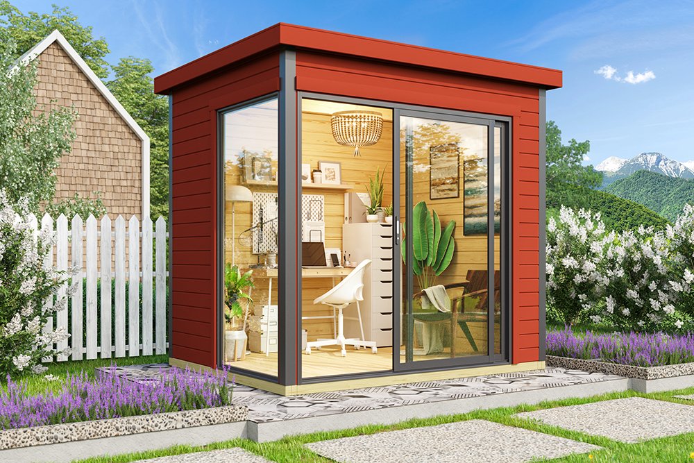 small modern wooden summerhouse with sliding door and window to the side