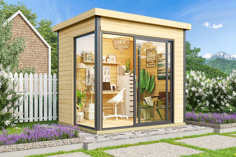 Compact garden room with sliding door and window to the side