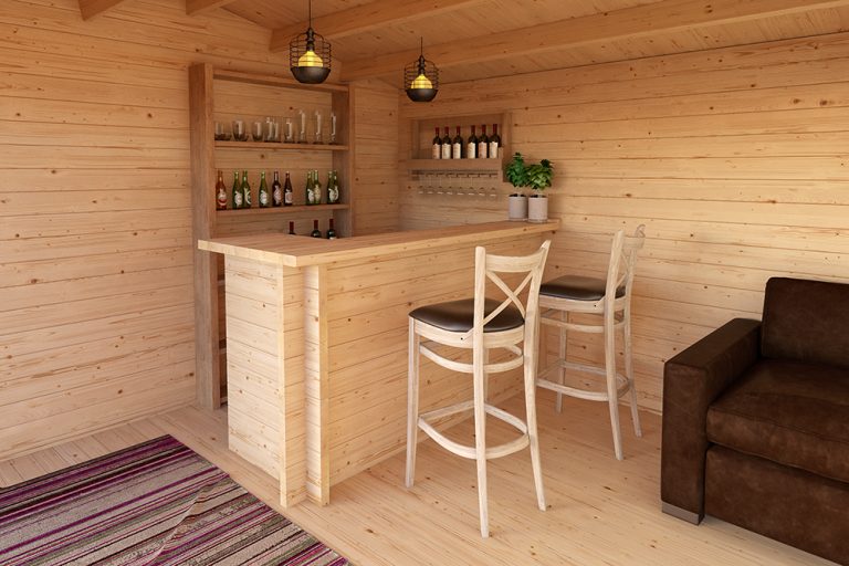 Log cabin garden bar with 44mm timber and seating space