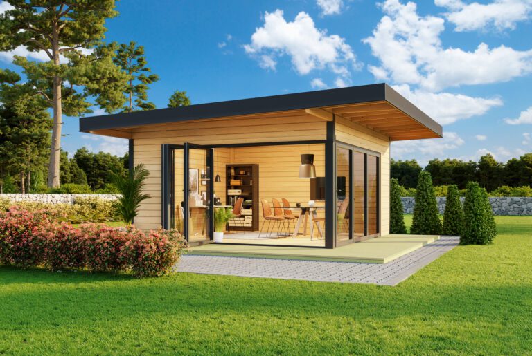Domeo 9 garden building with bi-folding doors and 70mm thick logs