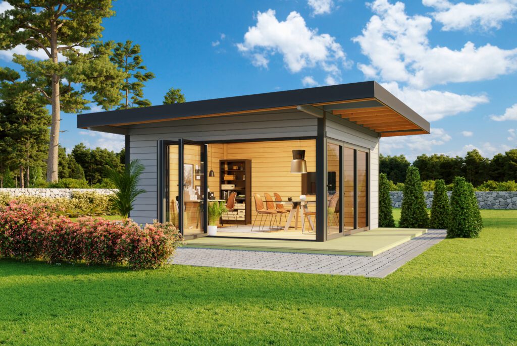 Domeo 9 garden building with bi-folding doors and 70mm thick logs
