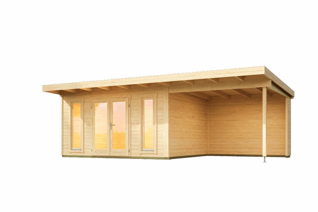 A weathered wooden shed with a sloping roof and decorative trim, set against a black background, resembling a rustic log cabin or shepherds hut.
