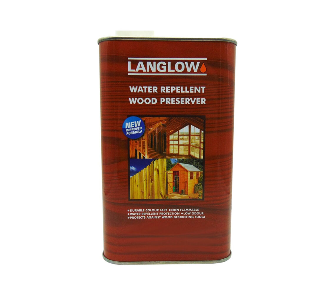 A can of Langlow water repellent wood preserver with a red background and images of a shed and wooden fence