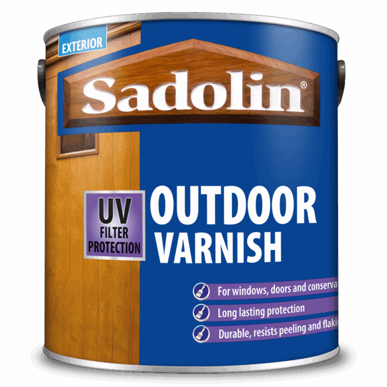A can of Sadolin outdoor varnish on a black background with a wooden shed or cabin texture on left