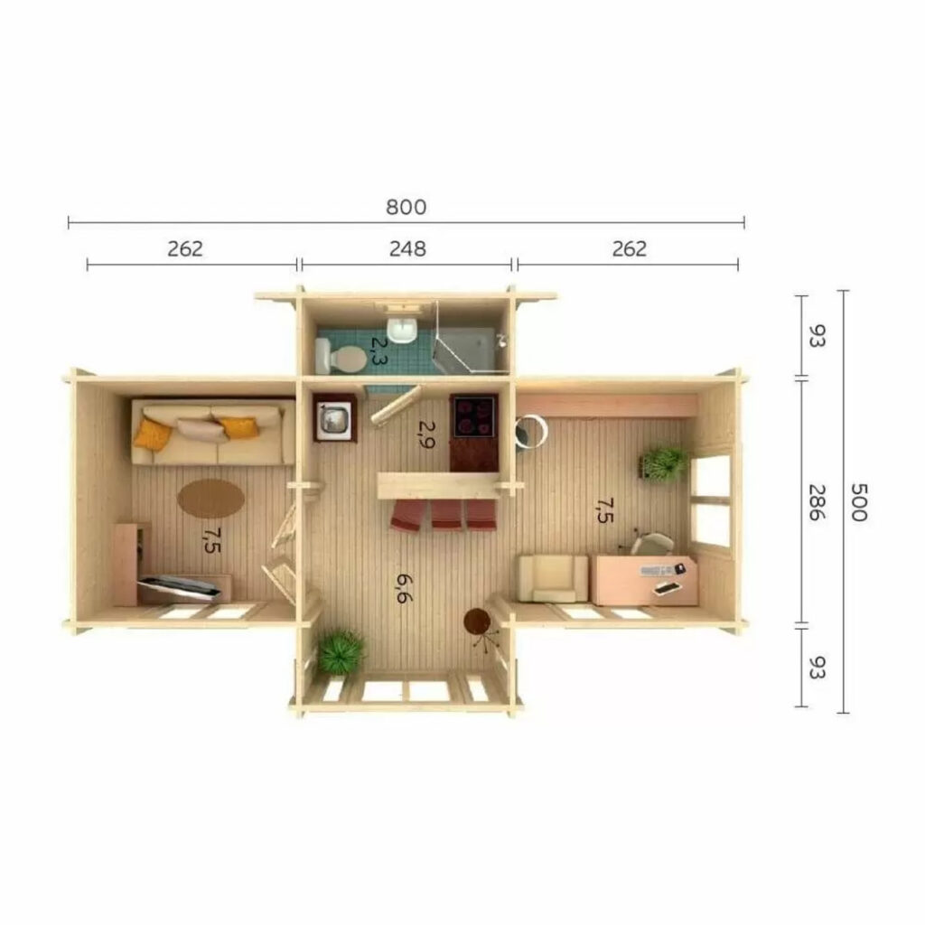 Anna 1 Log Cabin with cross-shaped layout, French doors, and multi-room design, perfect for offices or studio use