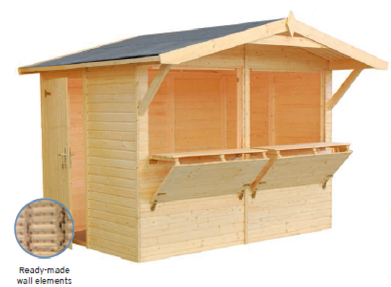Stella Kiosk garden building with hatches and apex roof, ideal as a BBQ bar, market stall, or poolside kiosk