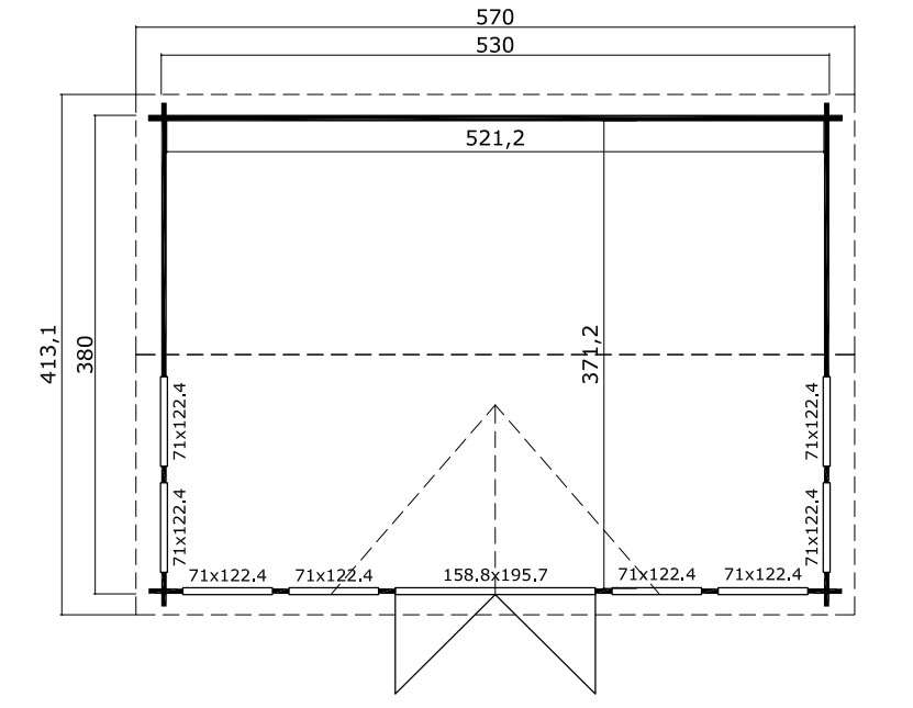 Technical drawing of a shed with dimensions and measurements shown in black on white background