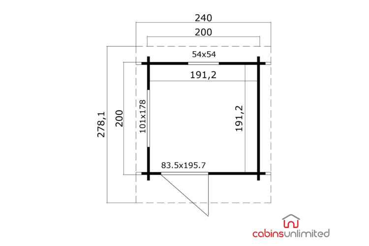 A log cabin floor plan with black lines on white, showing dimensions and layout, with a logo for cabins unlimited in the corner