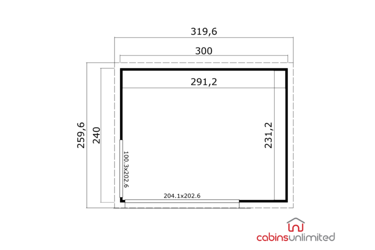 A technical drawing of a log cabin floor plan with black lines on white background