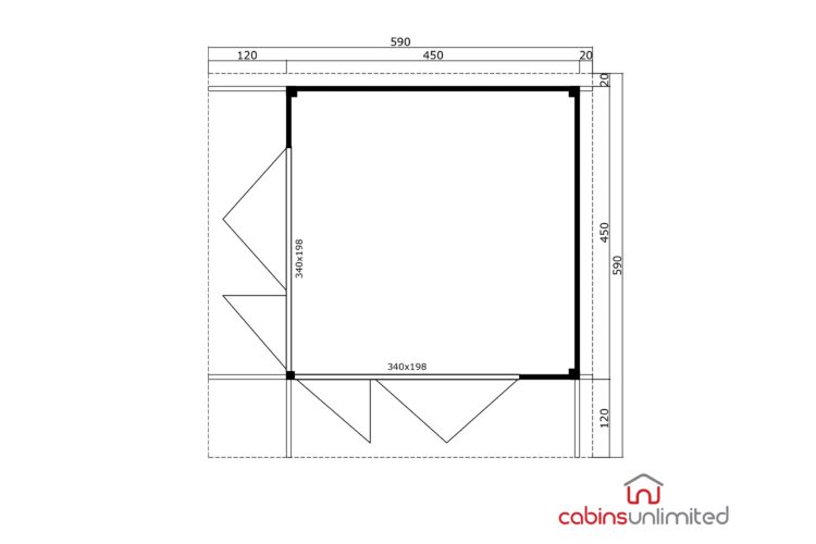 A technical drawing of a log cabin floor plan with black lines on white background
