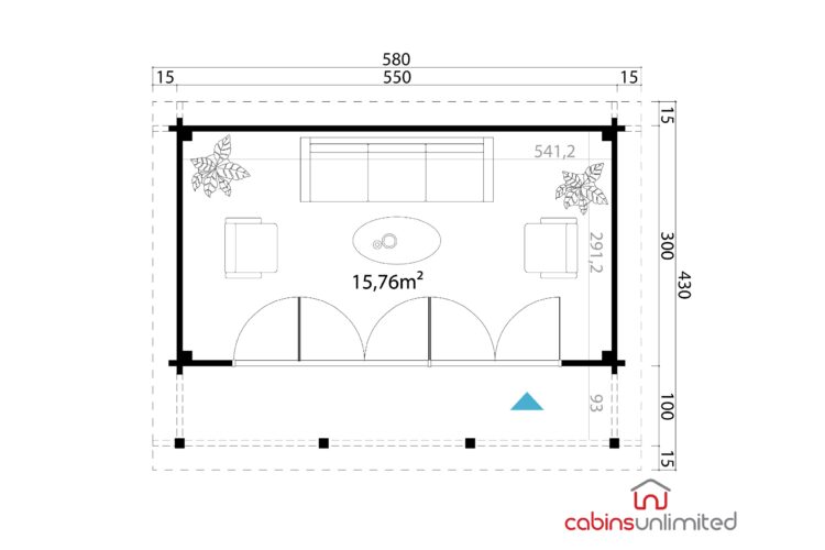 Floor plan of a log cabin with furniture and plants shown in black lines on white background