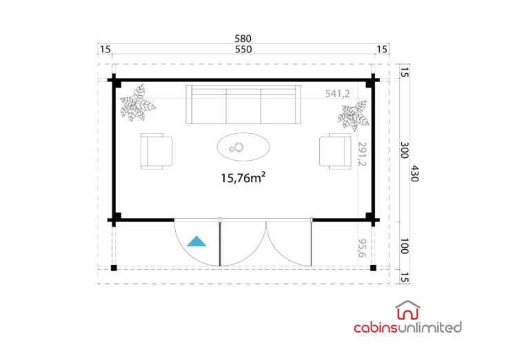 Floor plan of a log cabin with furniture and sauna, shown in black, white, and red on a white background.