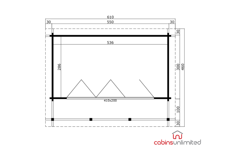A technical drawing of a log cabin or shed with a gable roof, shown in black lines on a white background with dimensions.