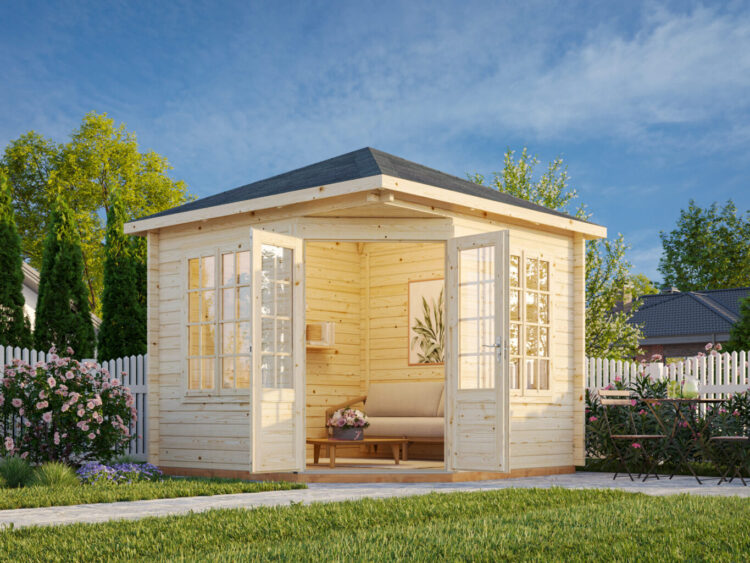 Melanie 6.9m2 44mm Hipped Roof Corner Summerhouse From Cabins Unlimited Front
