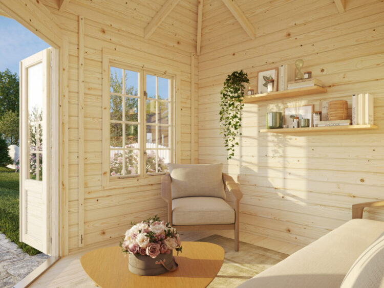 Melanie 6.9m2 44mm Hipped Roof Corner Summerhouse From Cabins Unlimited Inside