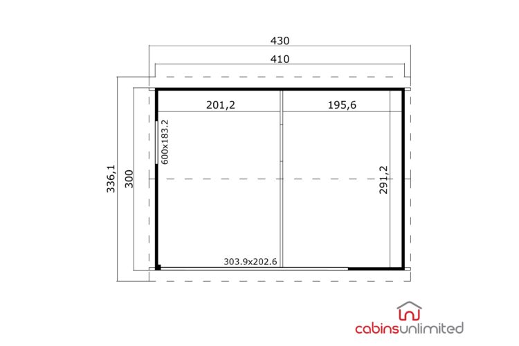 A technical drawing of a log cabin or shed with precise measurements and a logo for cabins unlimited in the corner on a white background