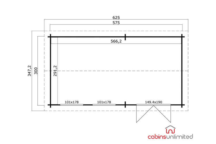 A technical drawing of a log cabin floor plan in black and red on white, showing dimensions and layout.
