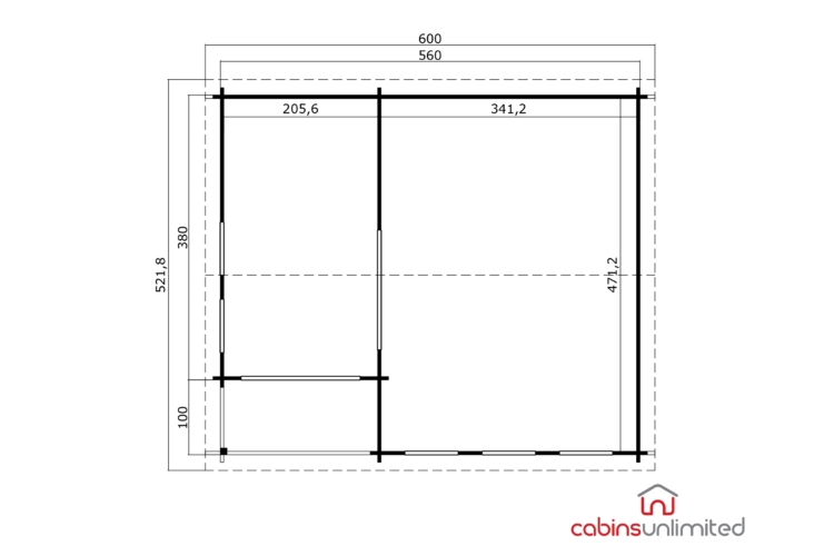 A technical drawing of a log cabin or shed with black lines on white background