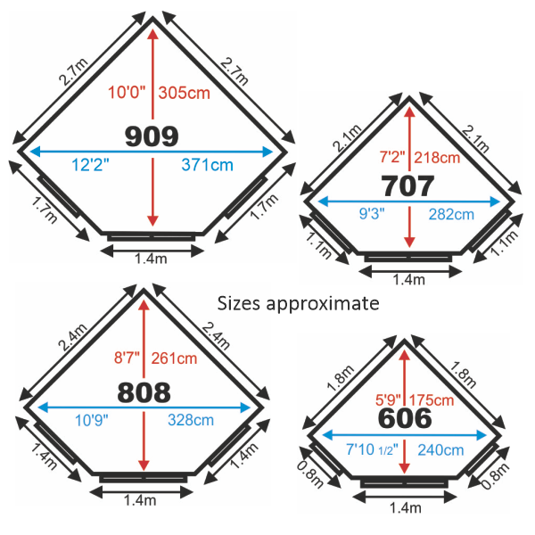 Four black outlined roof shapes with dimensions for log cabin, shed, or garage corner details
