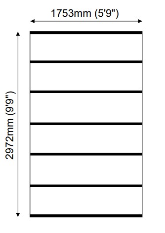A diagram of a shed with dimensions given in metric and imperial units, shown in black lines on white background