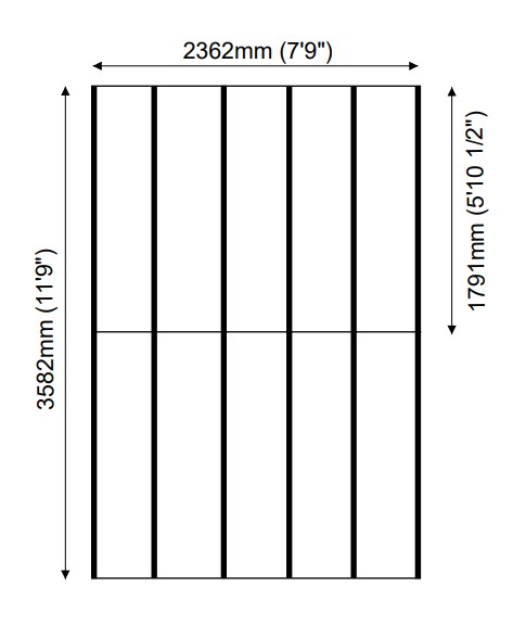 A black line drawing of a large shed or garage with vertical lines on a white background, showing dimensions.
