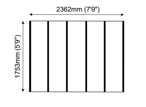 A diagram of a garage with dimensions, black lines on white, showing a rectangular structure with five vertical sections