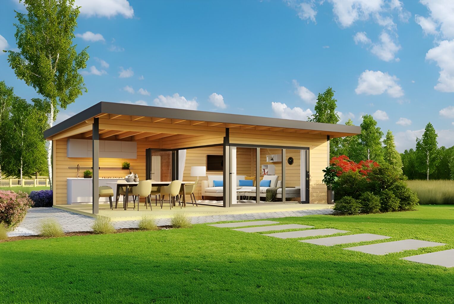 Modern log cabin with covered patio and garden on sunny day with blue sky