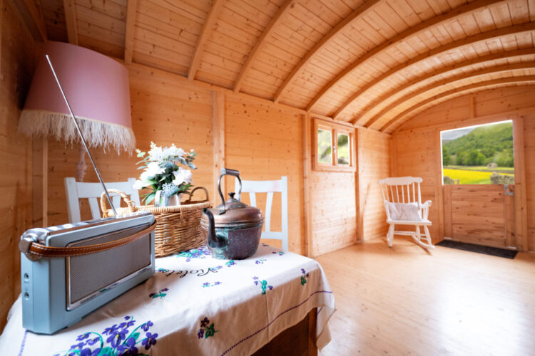 Cozy log cabin interior with wooden walls and arched ceiling, featuring a table with radio, kettle, and flowers, and a view of greenery outside through the doorway.