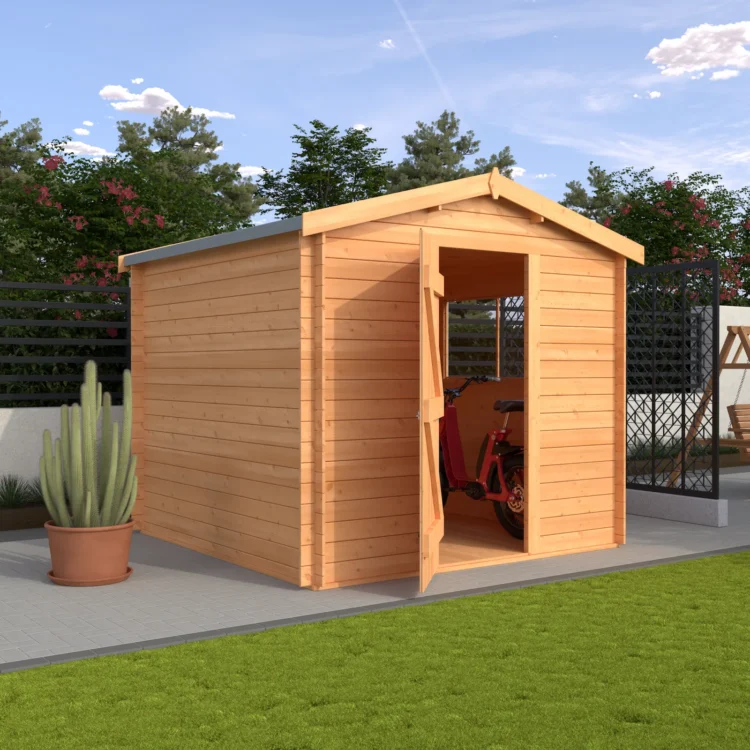 A wooden shed with open door on concrete slab in backyard with bicycle inside and green lawn