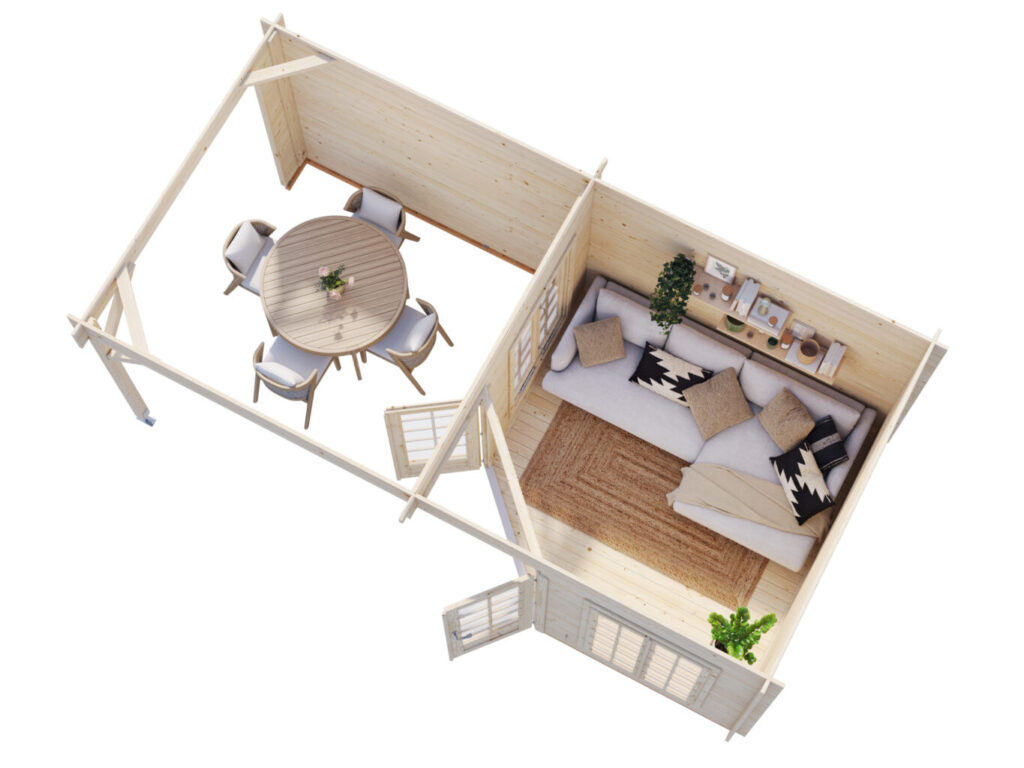 Melanie 5 7.0+8.1m2 Corner Summerhouse With Extended Side Roof From Cabins Unlimited Ariel View