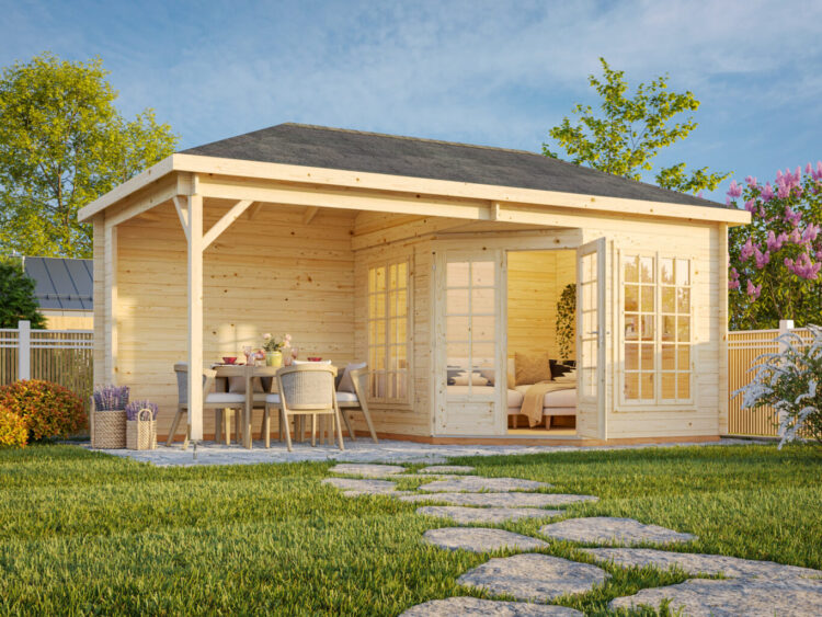 Melanie 5 7.0+8.1m2 Corner Summerhouse With Extended Side Roof From Cabins Unlimited Front Image