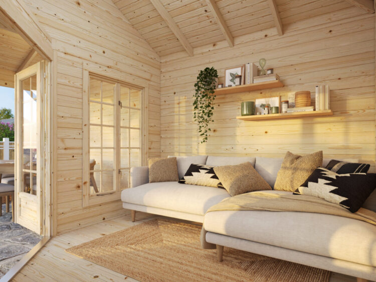 Melanie 5 7.0+8.1m2 Corner Summerhouse With Extended Side Roof From Cabins Unlimited Inside