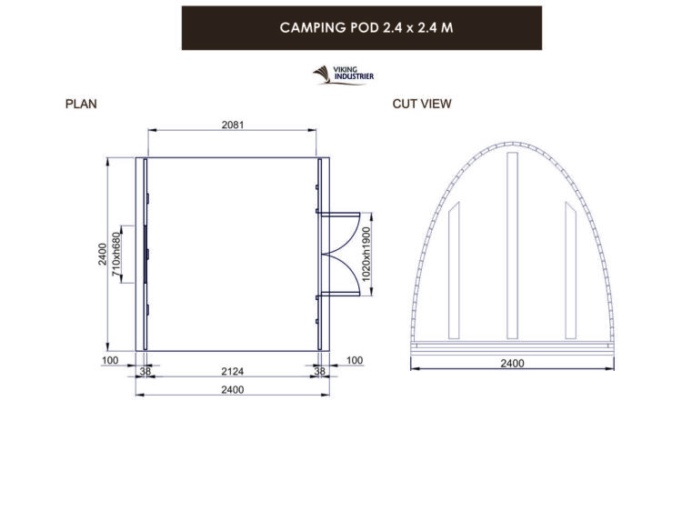 Camping Pod 2.4m x 2.4m floorplan and cutaway