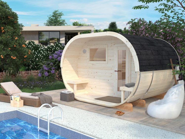 Anette 3.0 + 1.5 Oval Sauna From Cabins Unlimited Pool View
