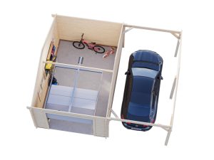 Roger Garage 1 19m2 With Side Carport Extension From Cabins Unlimited Overhead View With Sectional Doors