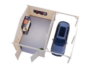 Roger Garage 1 19m2 With Side Carport Extension From Cabins Unlimited With Timber Gated Dood Overhead View