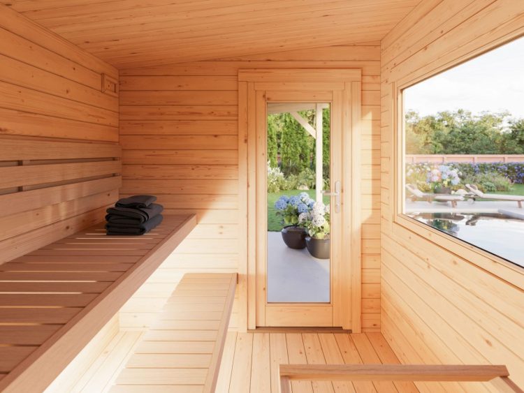 Sanna Sauna 4.1m2 + 5.9m2 Outside Seating Area With Louvres From Cabins Unlimited Inside