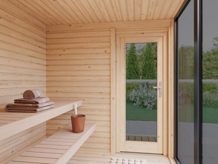 Sarah Cube Sauna 3.8m2 With A 2.1m2 Covered Roof Area And Aluminium Windows From Cabins Unlimited Inside