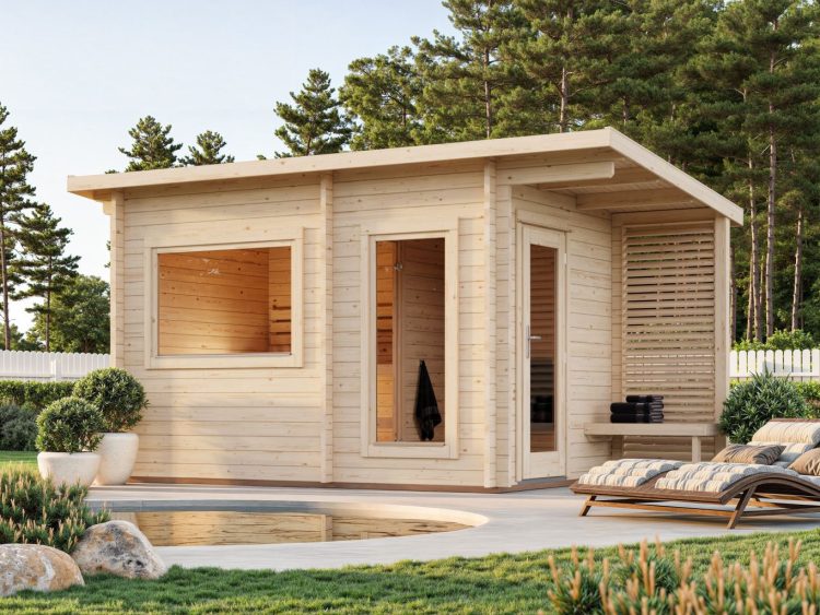 Senna Sauna 6.8m2 With Small Outdoor Covered Seat Area From Cabins Unlimited