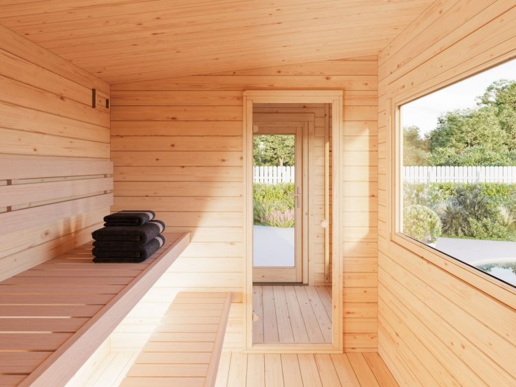 Senna Sauna 6.8m2 With Small Outdoor Covered Seat Area From Cabins Unlimited Inside