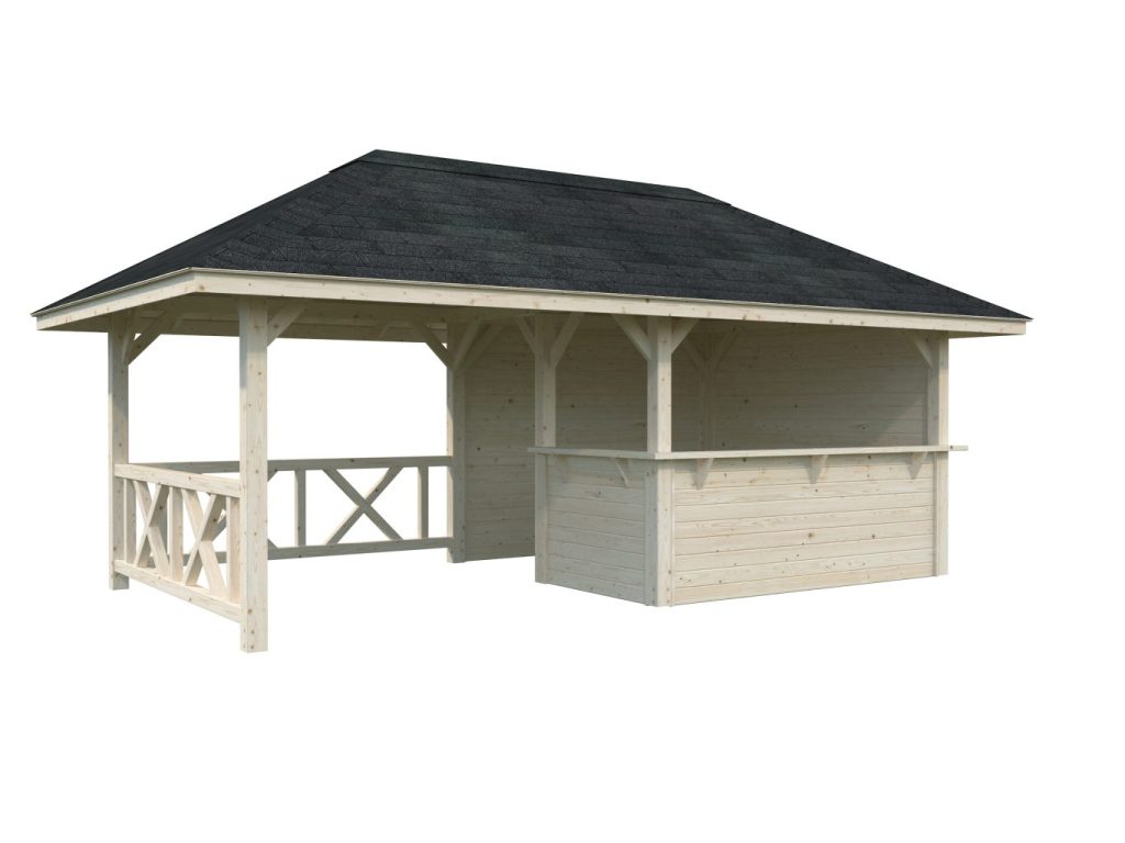 Bianca 110 16.6m2 Gazebo With Open End And Closed Half Walled End From Cabins Unlimited Open On Left