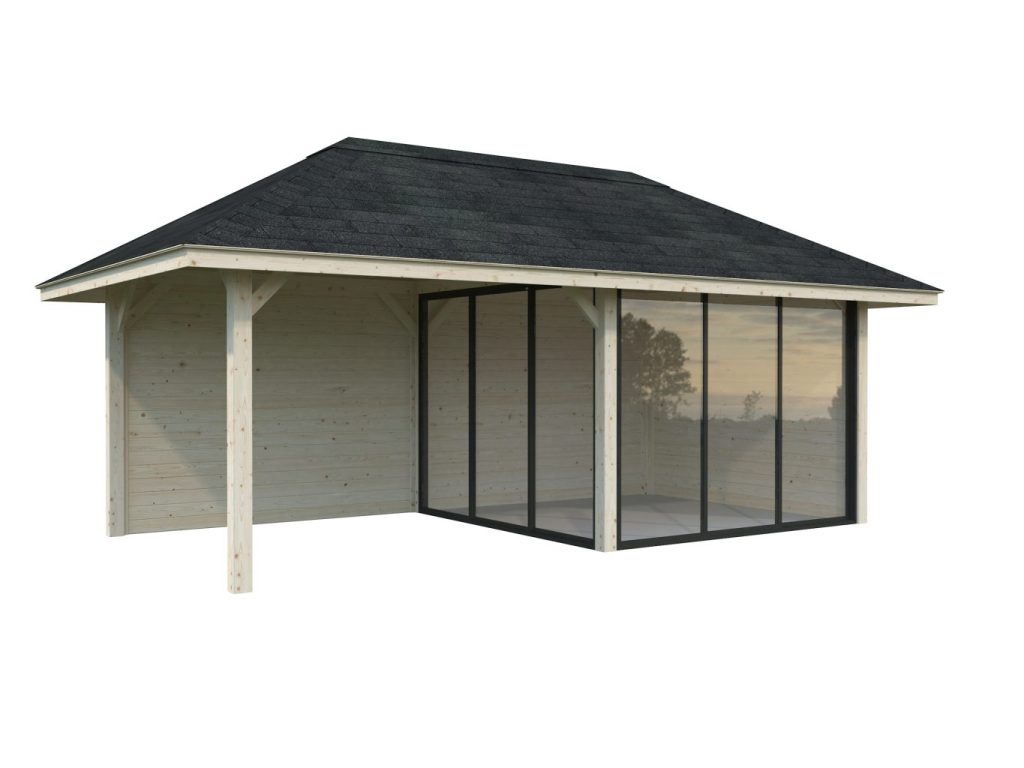 Bianca 205 16.6m2 Combo Gazebo And Pavilion With Solid Rear And Side Wall From Cabins Unlimited Gazebo Left