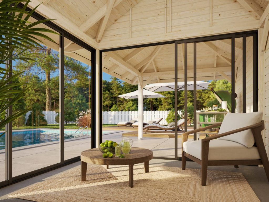 Bianca 205 16.6m2 Combo Gazebo And Pavilion With Solid Rear And Side Wall From Cabins Unlimited Inside