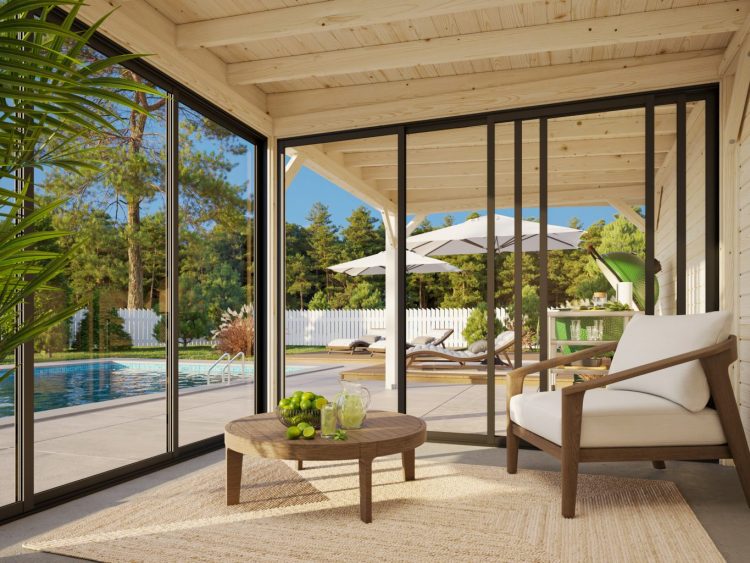 Lenna 405 Gazebo With Solid Back And Side Walll Open Front And Two Sliding Panels From Cabins Unlimited Inside